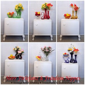 weißer antiker alter nachtschrank nachttisch mit verzierungen mit vintage glas deko grün blau rot gelb schwarz weiß (9)