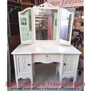cremeweiße antike alte frisierkommode schminktisch mit dreiteiligem spiegel (3)
