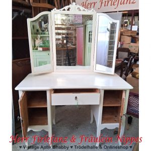 cremeweiße antike alte frisierkommode schminktisch mit dreiteiligem spiegel (4)