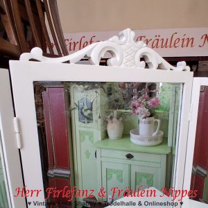 cremeweiße antike alte frisierkommode schminktisch mit dreiteiligem spiegel (6)